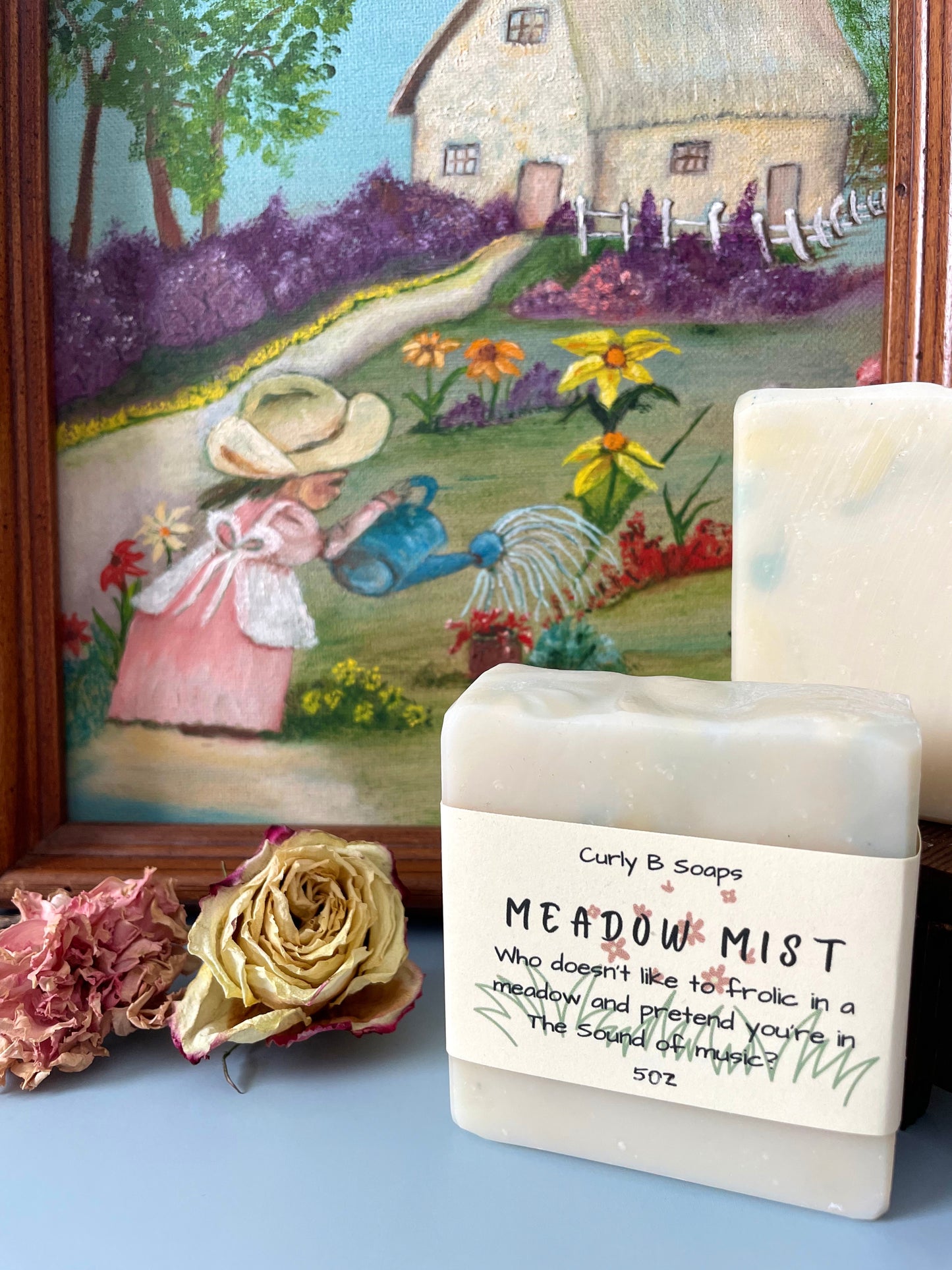 The art is painted by Elva, which I found in a thrift store and loved it. So If Elva happens to see her painting on here, she'll know it went to a good home.